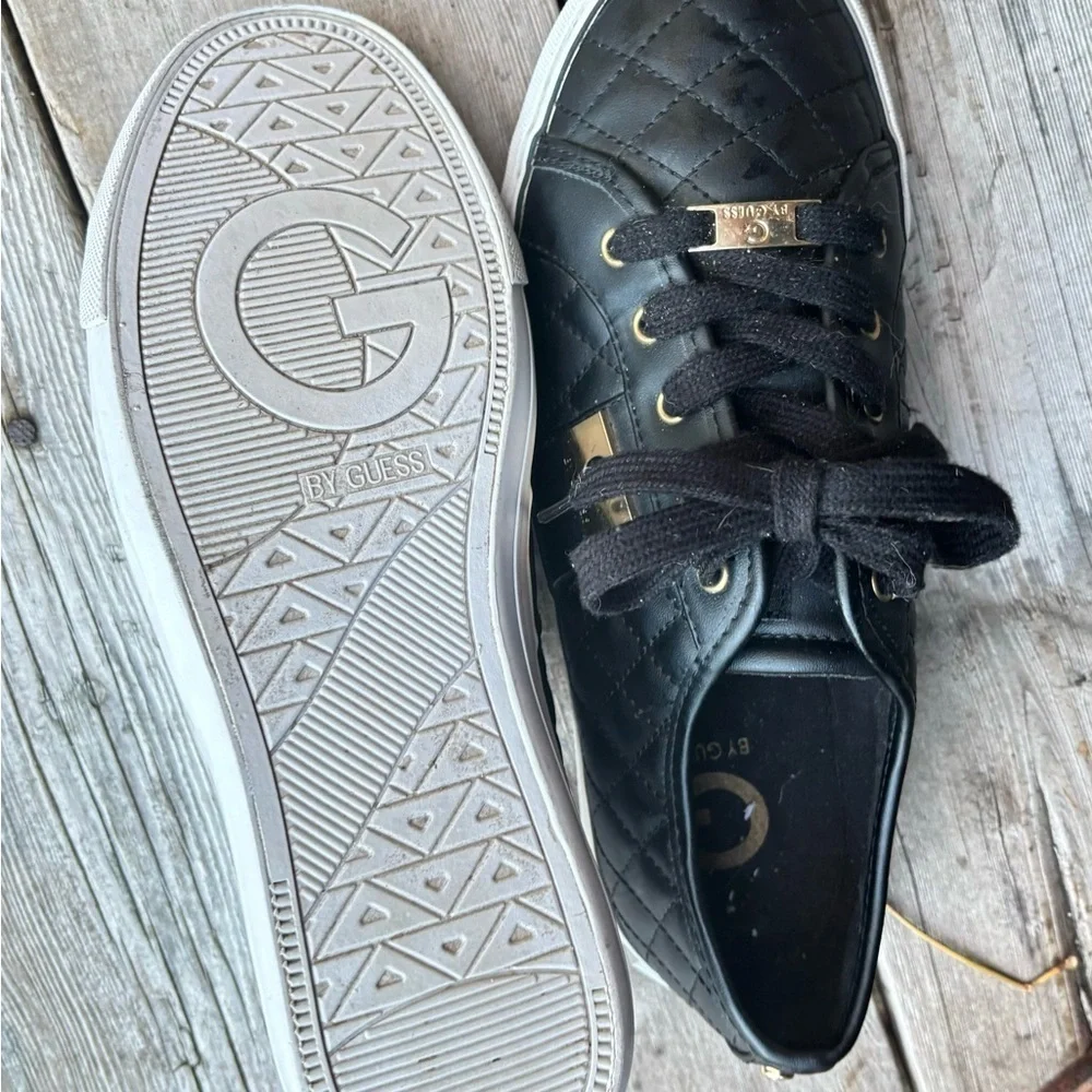 G By Guess Leather Quilted Black Sneakers Gold Embellished